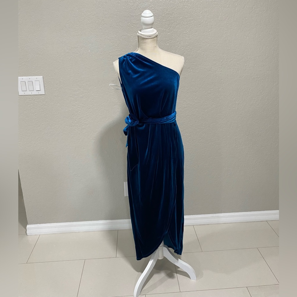 SHEIN - One Shoulder Tulip Hem Belted Velvet Dress - Blue - Small (4)